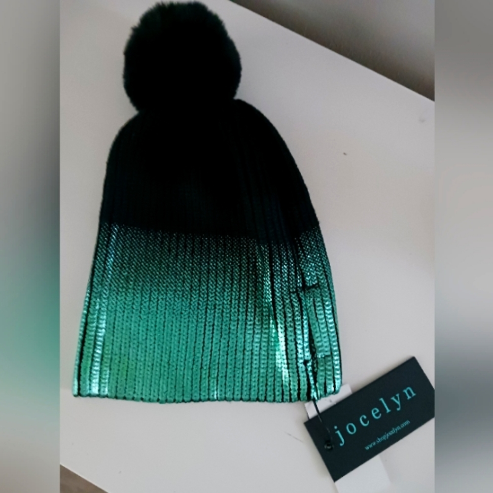 JOCELYN Faux Fur Pom Metallic Ombré Knit Beanie Hat